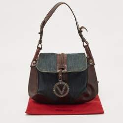 Pre Owned Valentino Dark Brown/Dark Blue Denim and Leather Catch Shoulder Bag