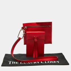 Pre Owned Valentino Red Leather VRing Double Wristlet Pouch