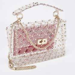 Pre Owned Valentino Clear/Red PVC Medium Rockstud Spike Top Handle Bag