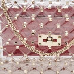 Pre Owned Valentino Clear/Red PVC Medium Rockstud Spike Top Handle Bag