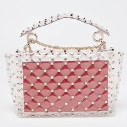 Pre Owned Valentino Clear/Red PVC Medium Rockstud Spike Top Handle Bag