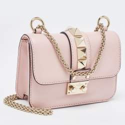 Pre Owned Valentino Light Pink Leather Mini Rockstud Glam Lock Flap Bag