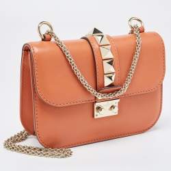 Pre Owned Valentino Tan Leather Small Rockstud Glam Lock Flap Bag
