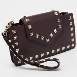 Pre Owned Valentino Dark Purple Leather Rockstud Phone Case Chain Bag