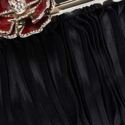 Pre Owned Valentino Black Satin Flower Clasp Frame Clutch