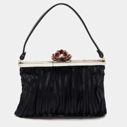 Pre Owned Valentino Black Satin Flower Clasp Frame Clutch