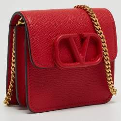 Valentino Red Grained Leather VLogo Compact Wallet On Chain