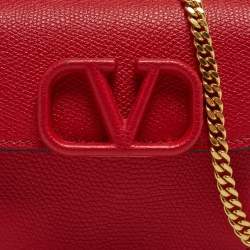 Valentino Red Grained Leather VLogo Compact Wallet On Chain