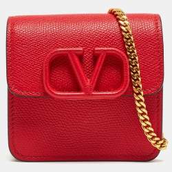 Valentino Red Grained Leather VLogo Compact Wallet On Chain