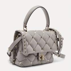 Pre Owned Valentino Grey Quilted Leather Medium Candystud Top Handle Bag