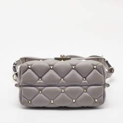 Pre Owned Valentino Grey Quilted Leather Medium Candystud Top Handle Bag