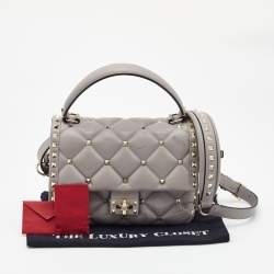 Pre Owned Valentino Grey Quilted Leather Medium Candystud Top Handle Bag