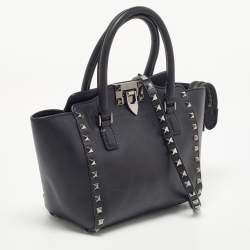 Pre Owned Valentino Black Leather Mini Rockstud Trapeze Tote