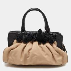 Valentino Beige/Black Leather and Watersnake Lacca Fleur Frame Satchel