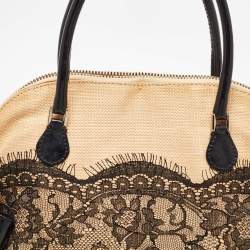 Valentino Beige/Black Raffia,Patent Leather and Lace Bow Dome Satchel
