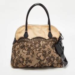 Valentino Beige/Black Raffia,Patent Leather and Lace Bow Dome Satchel