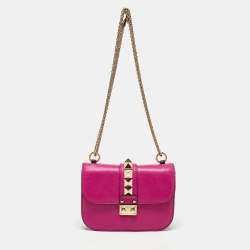 Pre Owned Valentino Pink Leather Small Rockstud Glam Lock Flap Bag