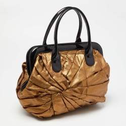 Valentino Gold/Black Pleated Patent Leather Satchel