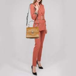 Pre Owned Valentino Tan/Green Leather Studded Top Handle Bag