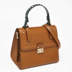 Pre Owned Valentino Tan/Green Leather Studded Top Handle Bag