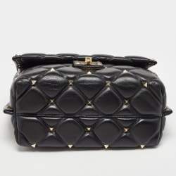 Pre Owned Valentino Black Quilted Leather Medium Candystud Top Handle Bag