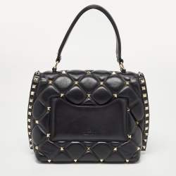Pre Owned Valentino Black Quilted Leather Medium Candystud Top Handle Bag