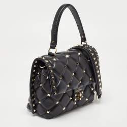 Pre Owned Valentino Black Quilted Leather Medium Candystud Top Handle Bag