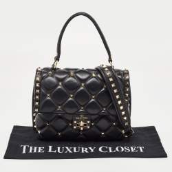 Pre Owned Valentino Black Quilted Leather Medium Candystud Top Handle Bag