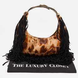 Pre Owned Valentino Brown/Black Calfhair and Suede Fringe Hobo