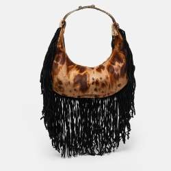 Pre Owned Valentino Brown/Black Calfhair and Suede Fringe Hobo