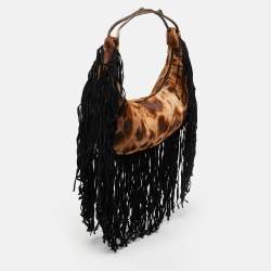 Pre Owned Valentino Brown/Black Calfhair and Suede Fringe Hobo