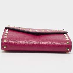 Valentino Pink Leather Rockstud Envelope Wallet on Chain