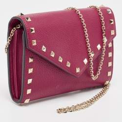 Valentino Pink Leather Rockstud Envelope Wallet on Chain