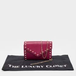 Valentino Pink Leather Rockstud Envelope Wallet on Chain