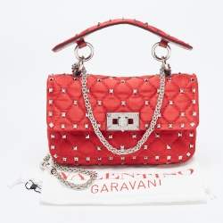 Pre Owned Valentino Red Quilted Satin Small Rockstud Spike Chain Bag