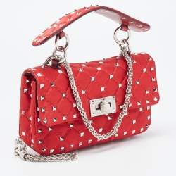 Pre Owned Valentino Red Quilted Satin Small Rockstud Spike Chain Bag