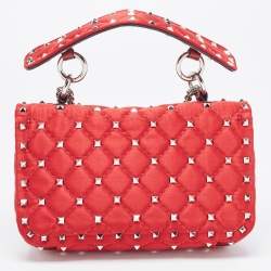 Pre Owned Valentino Red Quilted Satin Small Rockstud Spike Chain Bag