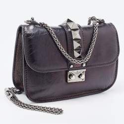 Pre Owned Valentino Black Leather Small Rockstud Glam Lock Flap Bag