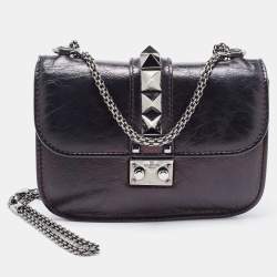 Pre Owned Valentino Black Leather Small Rockstud Glam Lock Flap Bag