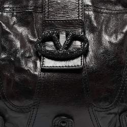 Pre Owned Valentino Black Leather Crystals Embellished Catch Hobo