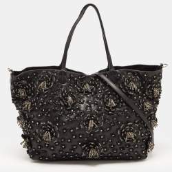 Pre Owned Valentino Black Leather Crystal Embellished Floral Applique Tote