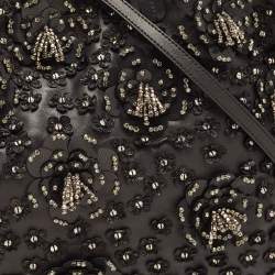 Pre Owned Valentino Black Leather Crystal Embellished Floral Applique Tote