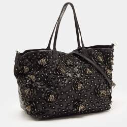Pre Owned Valentino Black Leather Crystal Embellished Floral Applique Tote
