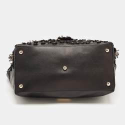 Pre Owned Valentino Black Leather Crystal Embellished Floral Applique Tote