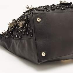 Pre Owned Valentino Black Leather Crystal Embellished Floral Applique Tote