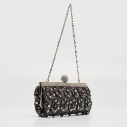 Pre Owned Valentino Black Mesh Embellished Frame Chain Clutch