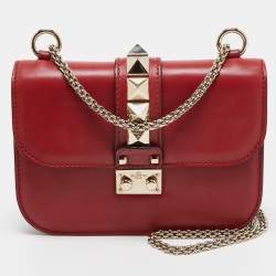Pre Owned Valentino Red Leather Small Rockstud Glam Lock Flap Bag