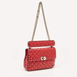 Pre Owned Valentino Red Quilted Leather Medium Rockstud Spike Shoulder Bag