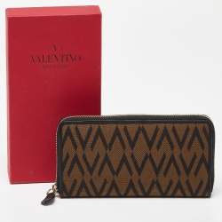 Pre Owned Valentino Brown/Black Canvas and Leather Zip Around Wallet