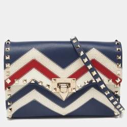 Pre Owned Valentino Multicolor Chevron Leather and Canvas Rockstud Crossbody Bag